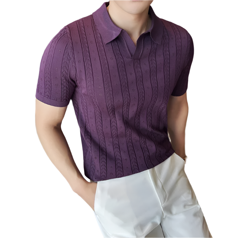 BeClassic™ 2024 Jacquard Knit Polo – Striped V-Neck Short Sleeve in Elegant Summer Purple.