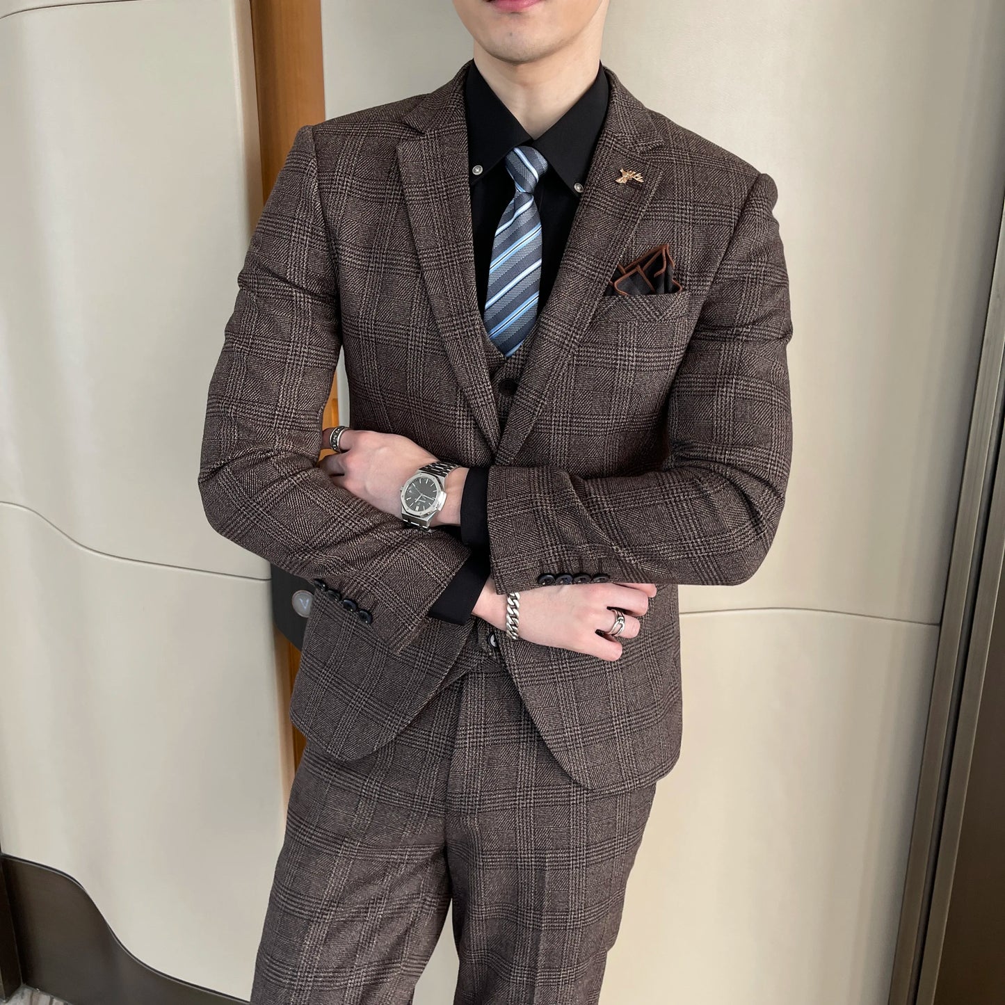 BeClassic™ Tailored Plaid Three-Piece Suit – British-Korean Elegance for Business & Events