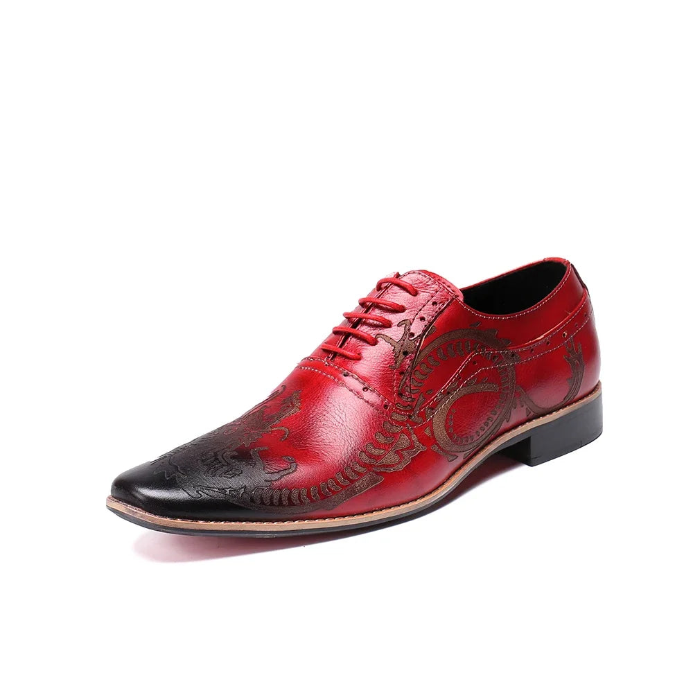 BeClassic™ Handmade Loong Pattern Oxfords – Luxurious Red Leather Shoes for Celebrations & Weddings.