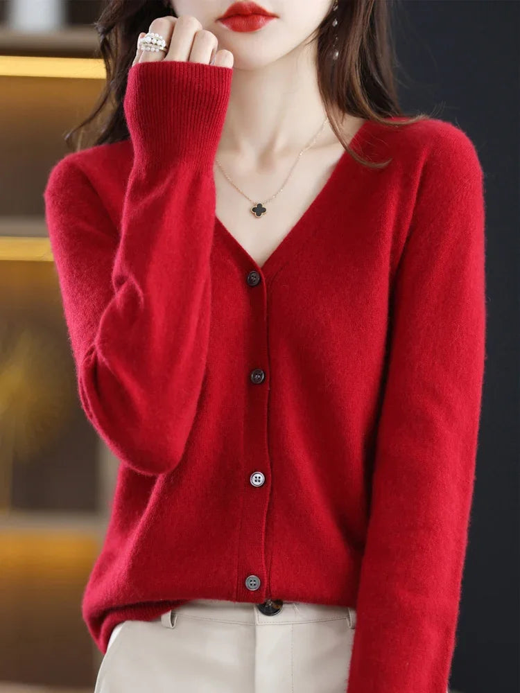 BeClassic Heritage V-Neck Knit Cardigan – Korean-Inspired Red