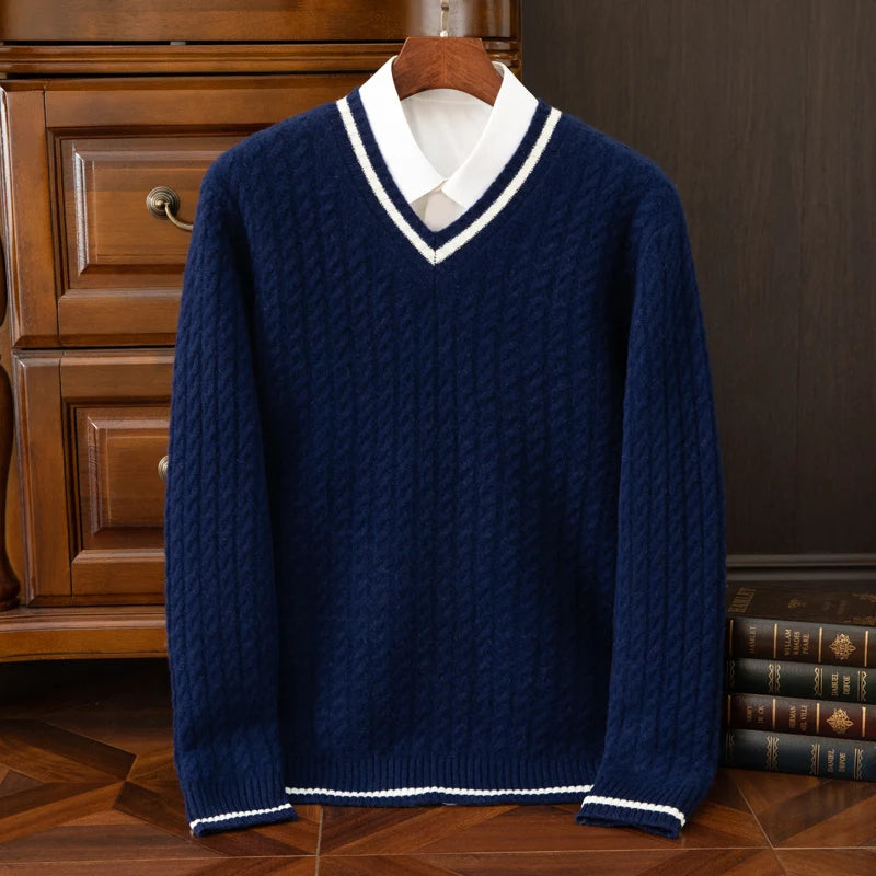 BeClassic™ 100% Wool V-Neck Sweater – Thick Color-Blocked Knit with Timeless Twisted Detailing.