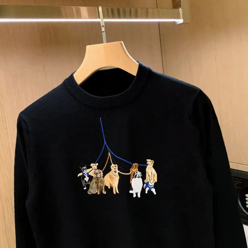 BeClassic™ Embroidered Dog Knit Sweater – Chic Long Sleeve Pullover with Playful Detailing.