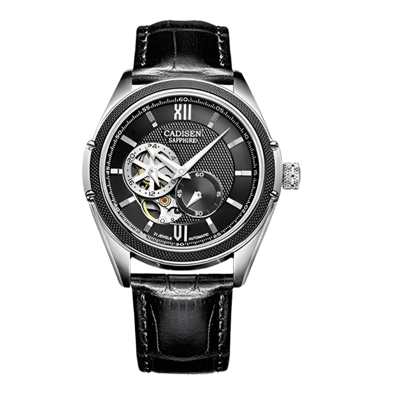 BeClassic™ CADISEN Automatic – Japanese MIYOTA Skeleton Watch with Sapphire Glass & Leather Strap.