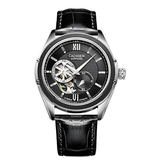 BeClassic™ CADISEN Automatic – Japanese MIYOTA Skeleton Watch with Sapphire Glass & Leather Strap.