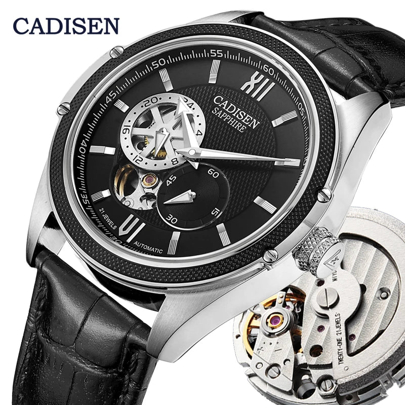 BeClassic™ CADISEN Automatic – Japanese MIYOTA Skeleton Watch with Sapphire Glass & Leather Strap.