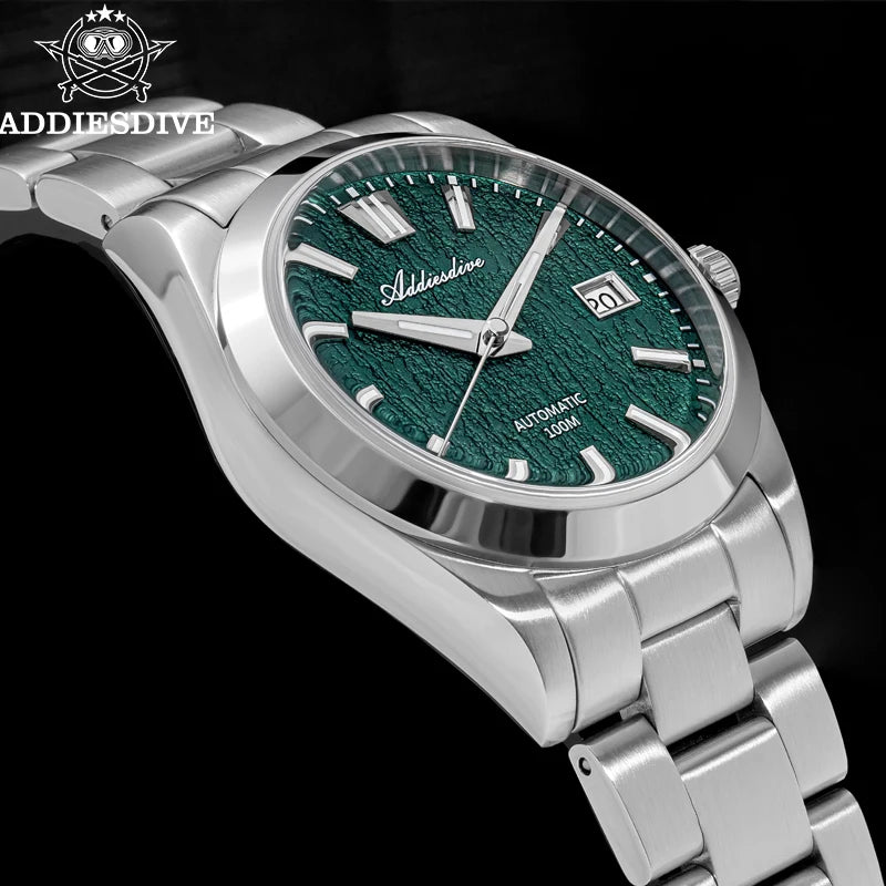 BeClassic™ ADDIESDIVE NH35 Automatic – Classic Green Dial Watch with Bark Texture & Sapphire Glass, 100M Waterproof.