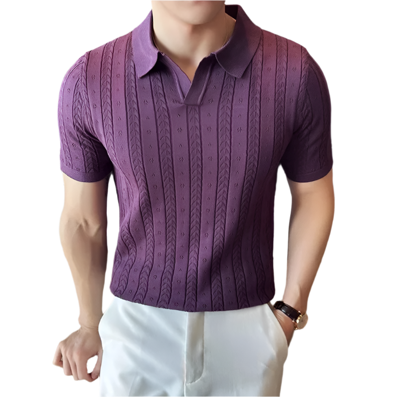 BeClassic™ 2024 Jacquard Knit Polo – Striped V-Neck Short Sleeve in Elegant Summer Purple.