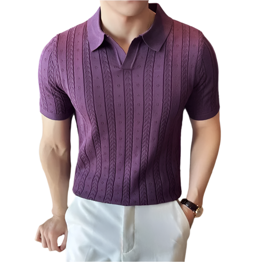 BeClassic™ 2024 Jacquard Knit Polo – Striped V-Neck Short Sleeve in Elegant Summer Purple.