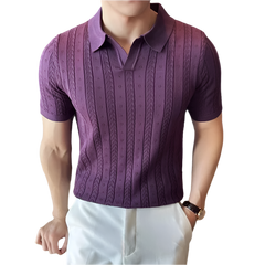 BeClassic™ 2024 Jacquard Knit Polo – Striped V-Neck Short Sleeve in Elegant Summer Purple.