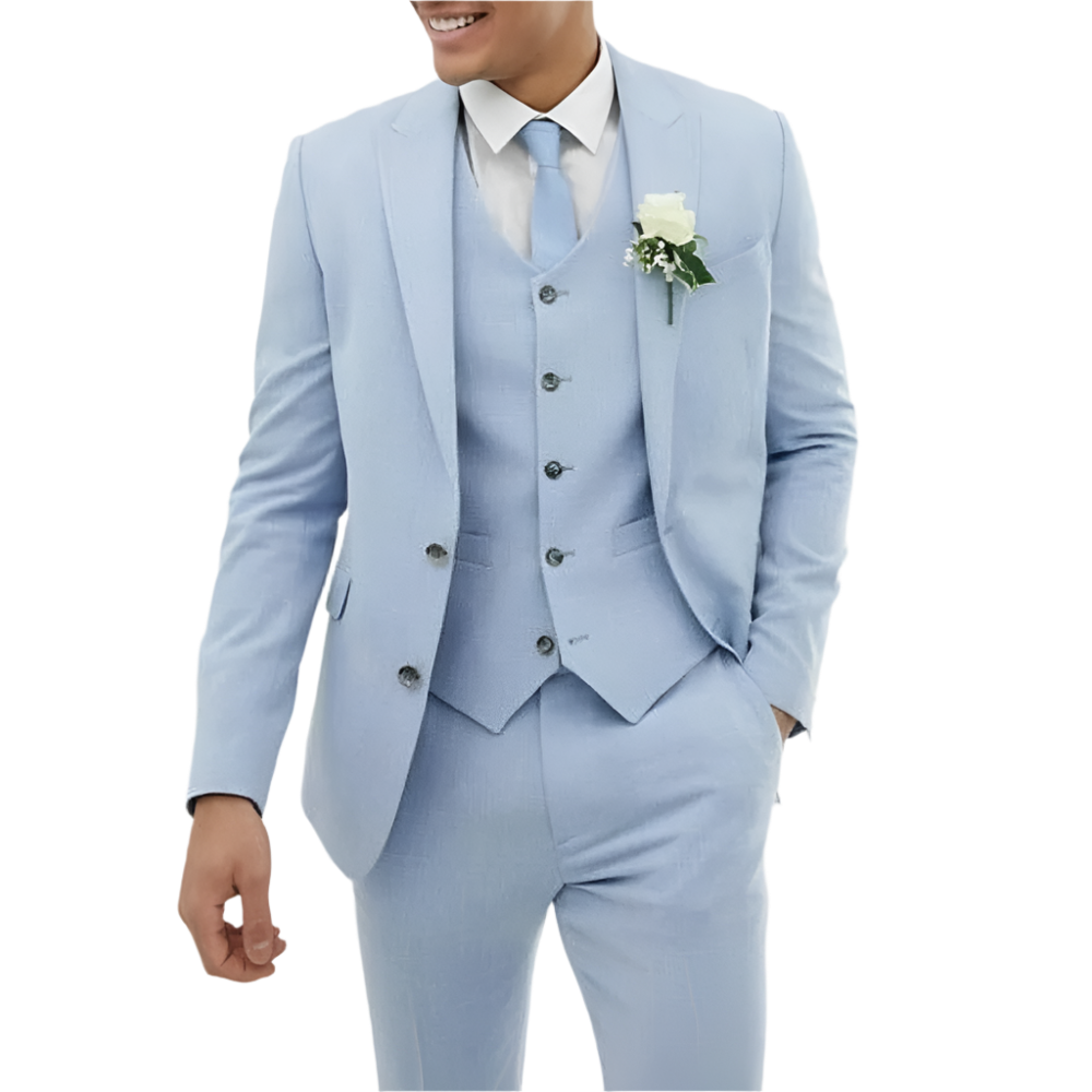 BeClassic™ Light Blue Linen Three-Piece Suit – Slim-Fit Groom Tuxedo for Weddings & Events.