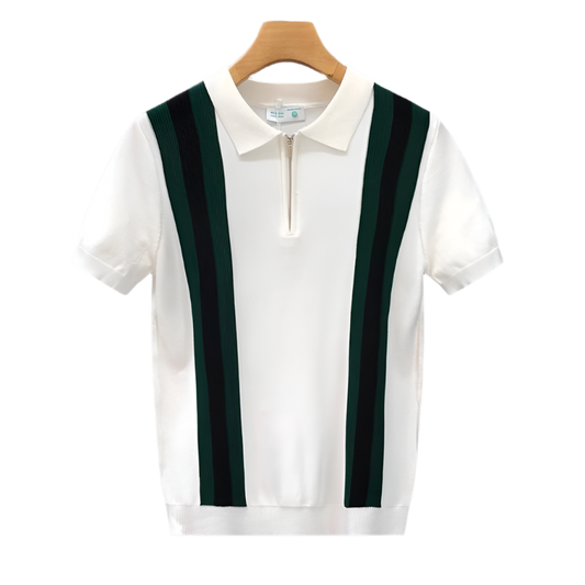 BeClassic™ Contrast Stripe Zipper Polo – Luxury Knit Short Sleeve for Modern Summer Style.
