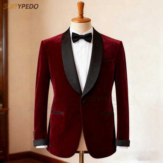 Elegant Velvet Men Suit Blazer 1 Piece Wedding Stylish Shawl Lapel Costume Coat Evening Dinner Fashion Male Jacket Formal Gown