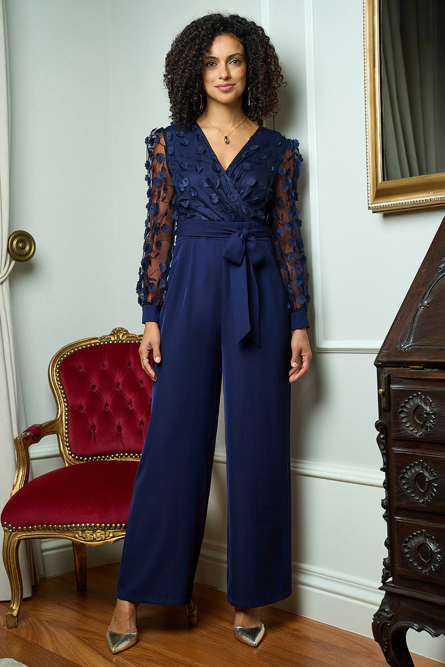Yumi Navy Flower Applique Jumpsuit