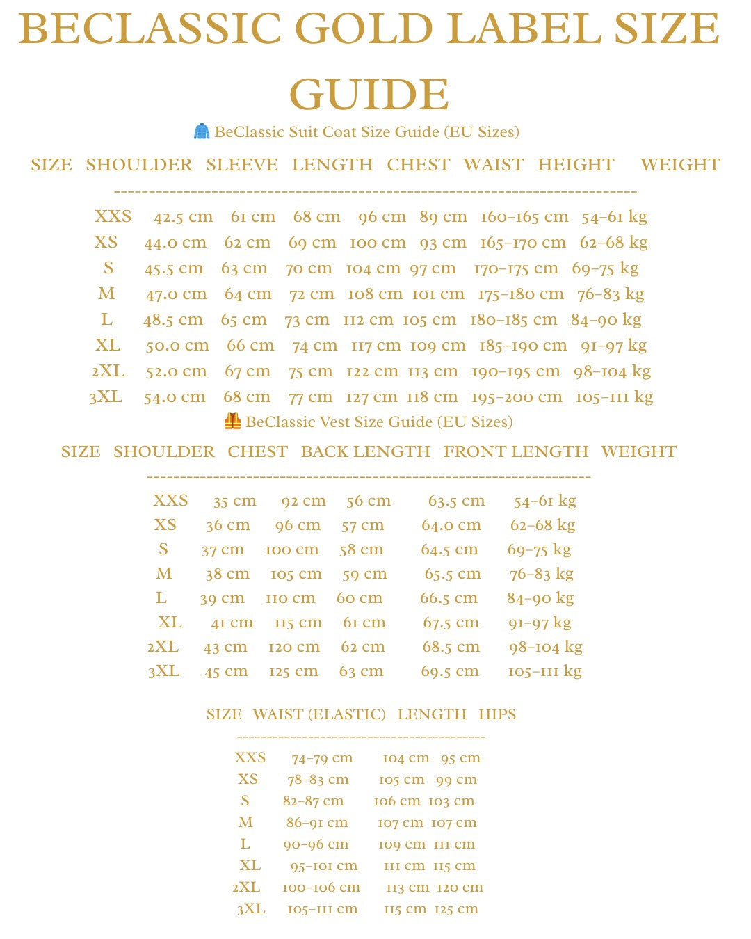 Size Guide for BeClassic™ Black Collar Three-Piece Suit – Elegant Formalwear for Grooms & Business