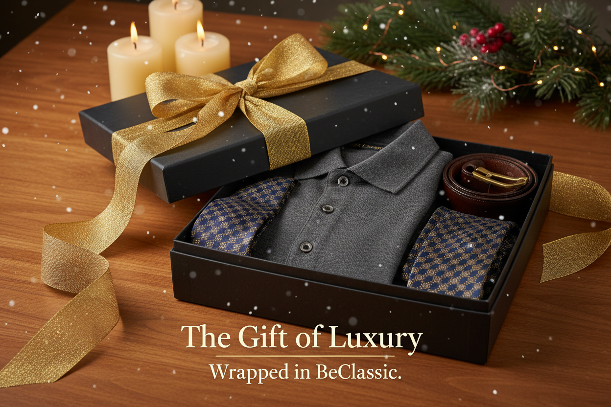 Image Description:
A matte-black BeClassic gift box wrapped in a thick gold ribbon, gently opened to reveal a neatly folded polo, premium tie, and a leather belt. Soft snowfall overlays the frame. The background is a wooden desk with warm candlelight and hints of pine branches for a subtle Christmas feel.

Text on Image (centered):
“The Gift of Luxury
Wrapped in BeClassic.”